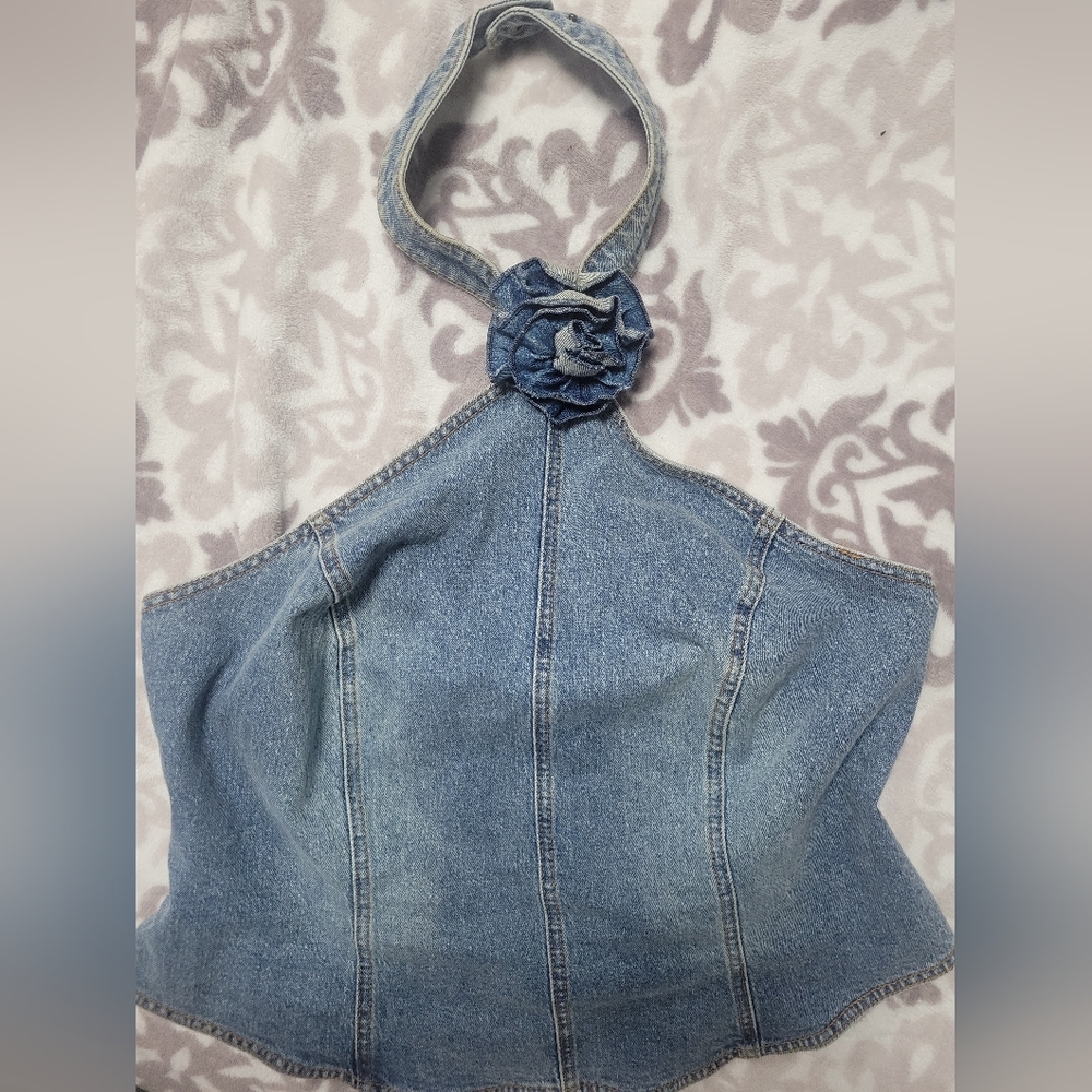 Denim Halter Top with Floral Detail